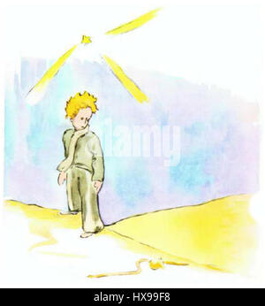 *Piccolo principe Nel Deserto Con serpente* est une illustration de *le petit Prince* par Antoine de Saint-Exupéry. Il montre le petit Prince dans le désert, accompagné d’un serpent, représentant des thèmes de solitude et de recherche de sens. Banque D'Images