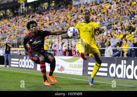 Columbus, États-Unis. 25 mars 2017. Dans la deuxième partie du match entre Portland Timbers et Columbus Crew Stadium, MAPFRE à SC à Columbus OH. Samedi 25 Mars, 2017. Score final - Columbus Crew SC 3 - Portland Timbers 2 .Crédit photo : Dorn Byg/CSM/Alamy Live News Banque D'Images