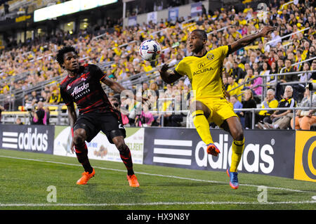 Columbus, États-Unis. 25 mars 2017. Dans la deuxième partie du match entre Portland Timbers et Columbus Crew Stadium, MAPFRE à SC à Columbus OH. Samedi 25 Mars, 2017. Score final - Columbus Crew SC 3 - Portland Timbers 2 .Crédit photo : Dorn Byg/CSM/Alamy Live News Banque D'Images