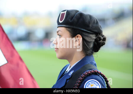 Columbus, États-Unis. 25 mars 2017. Junior Air Force à porter le drapeau de l'hymne national avant le match entre Portland Timbers et Columbus Crew Stadium, MAPFRE à SC à Columbus OH. Samedi 25 Mars, 2017. Score final - Columbus Crew SC 3 - Portland Timbers 2 .Crédit photo : Dorn Byg/CSM/Alamy Live News Banque D'Images