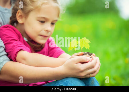 Adulte et enfant tenant peu de vert plante en mains Banque D'Images