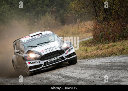 Ott Tanak conducteur au volant de l'Dmack parrainé Ford Fiesta RS WRC World Rally Car sur le Dyfnant 2016 étape du Wales Rally de Grande-Bretagne Banque D'Images