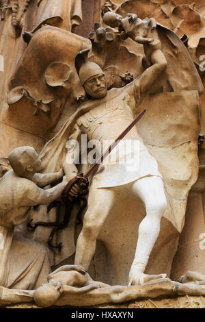 Détail de façade de la Passion de La Sagrada Familia de Gaudi, Barcelone, Catalogne, Espagne. Banque D'Images