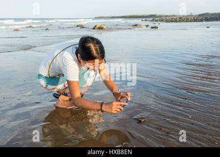 Femme prendre une photo d'un bébé tortue caouanne (Caretta caretta) faire son voyage vers la mer. Mon Repos Conservation Park, Bundaberg, Queensland Banque D'Images