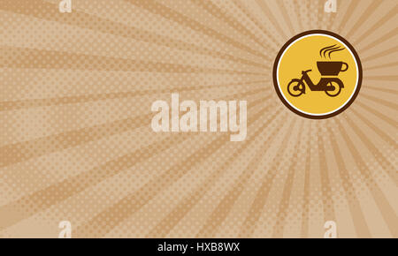 Carte montrant l'illustration d'une moto moto avec tasse livraison café vu de côté, mis à l'intérieur du cercle fait en style rétro. Banque D'Images