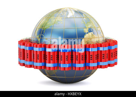 Globe terrestre avec rendu 3D , dynamite isolé sur fond blanc Banque D'Images