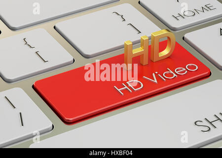 Concept de la vidéo HD sur le bouton clavier rouge, 3D Rendering Banque D'Images