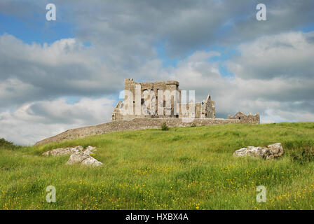 Rock of Cashel dans la distance avec le pissenlit herbe rempli en premier plan et des nuages contre un ciel bleu. Banque D'Images