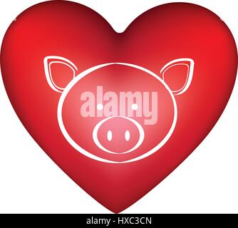 Forme de coeur rouge avec silhouette visage animal cochon mignon Illustration de Vecteur