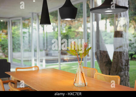 Pendentif noir moderne suspendue au-dessus de feux de bouquet sur table de salle à manger Banque D'Images