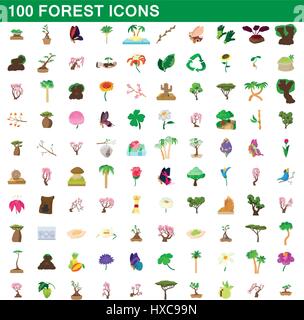 Forêt 100 icons set, cartoon style Illustration de Vecteur