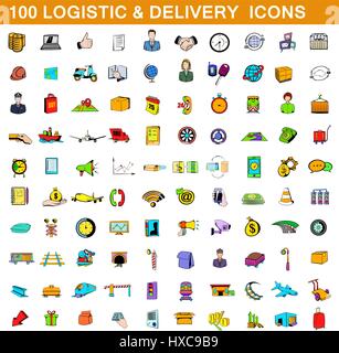 Logistique et livraison 100 icons set, cartoon style Illustration de Vecteur