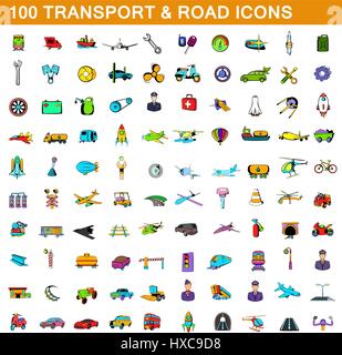 100 icônes de transport, jeu de style cartoon Illustration de Vecteur