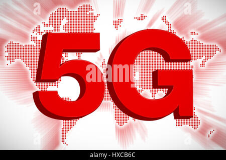 Le rendu 3D de 5G concept de télécommunications avec l'arrière-plan du monde. Banque D'Images