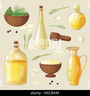 Vector set de bouteilles et de couverts en bois pour les huiles de cuisine, les épices et les assaisonnements. Les ingrédients et l'huile d'olive. Objets isolés sur l'arrière-plan. Illustration de Vecteur