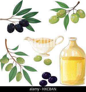 Vector set d'olives vertes et noires, réalisés dans un style réaliste. Isolé sur fond blanc. Illustration de Vecteur