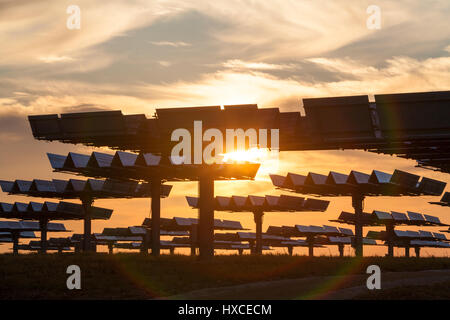 Un champ de panneaux solaires photovoltaïques fournissant Alternative Green Energy au lever ou au coucher du soleil Banque D'Images