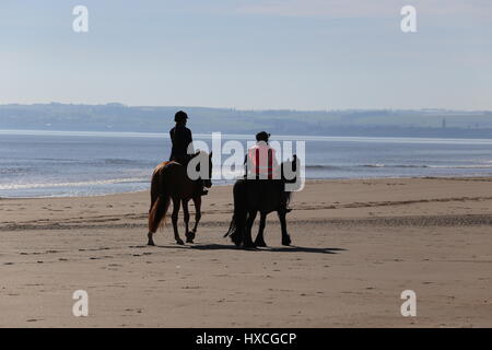 Les cavaliers sur la plage de Tentsmuir Fife Ecosse Mars 2017 Banque D'Images