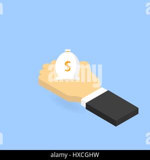 Businessman holding un sac d'argent. Vector illustration isométrique. Illustration de Vecteur