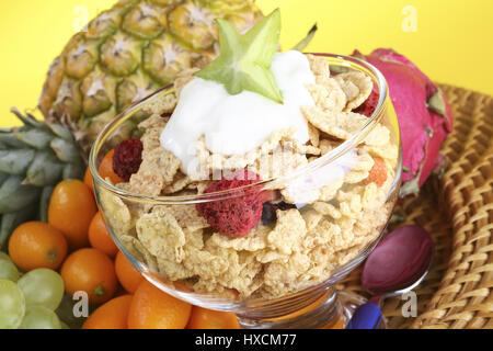 Flocons de fruits avec du yogourt, Frucht Flakes mit Yaourt Banque D'Images