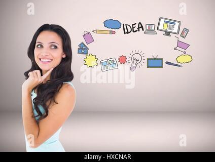 Digital composite d'une femme avec des idées aux graphiques dessins Banque D'Images