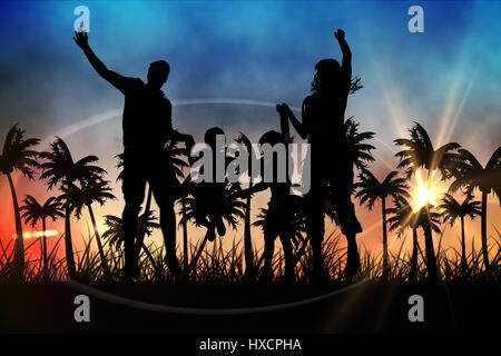 Digital composite de silhouettes de sauter avec la famille valise contre vue du coucher de soleil avec des palmiers Banque D'Images