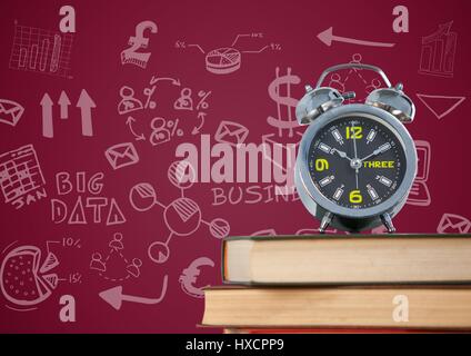 Digital composite de pile de livres avec horloge et white business doodles contre fond marron Banque D'Images