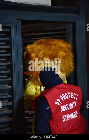 Cluj Napoca, Roumanie. Mar 26, 2017. La mascotte officielle de l'Équipe nationale de football de la Roumanie faisant des blagues à un match de qualification Coupe du Monde de la Roumanie contre le Danemark Crédit : Pal Szilagyi Palko/Alamy Live News Banque D'Images