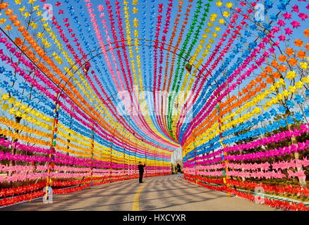 Tangshan, Province de Hebei en Chine. Mar 27, 2017. Les touristes à pied sur une route décoré de rosettes colorées à un festival de cerf-volant et moulinet à Tangshan, Province de Hebei en Chine du nord, le 27 mars 2017. Credit : Mu Yu/Xinhua/Alamy Live News Banque D'Images