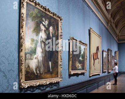 Londres, Royaume-Uni. Mar 28, 2017. La peinture de Thomas Gainsborough Mr et Mme William Hallett, connu comme le matin à pied, sur l'affichage à la National Gallery de Londres suite à la restauration après qu'il a été endommagé lorsqu'un homme l'ont attaqué avec un tournevis. Date de la photo : le mardi 28 mars 2017. Crédit photo doit se lire : Roger Garfield/Alamy Live News Banque D'Images