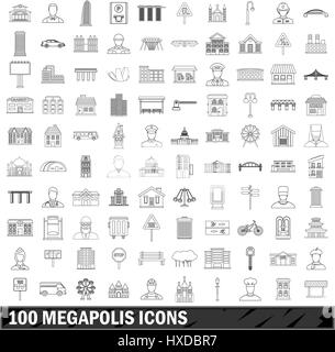 Megapolis 100 icons set style du contour, Illustration de Vecteur