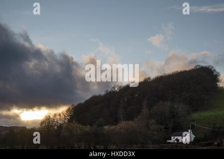 Une soirée d'hiver dans la campagne près de Presteigne, Powys, au Royaume-Uni. Un cottage à distance sous un bois foncé Banque D'Images
