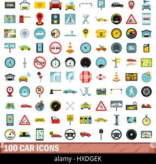 Voiture 100 icons set, style plat Illustration de Vecteur