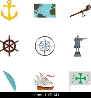 Découverte de l'Amérique icons set, style plat Illustration de Vecteur