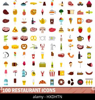 Restaurant 100 icons set, style plat Illustration de Vecteur