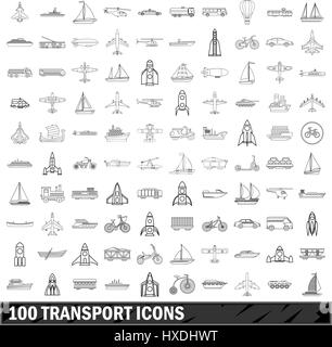 100 icônes de transport, jeu de style contour Illustration de Vecteur