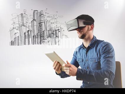 Digital composite de l'homme dans VR contre croquis de bâtiments fond blanc Banque D'Images