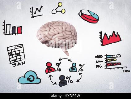 Digital composite de cerveau avec Rose bleu jaune rose business doodles contre mur blanc Banque D'Images