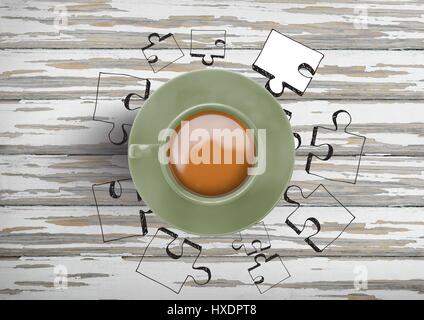 Digital composite de coupe 3D avec des morceaux de puzzle en bois contre les dessins Banque D'Images