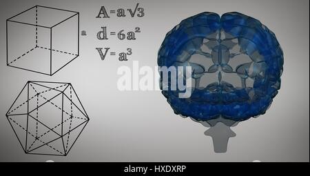 Digital composite de cerveau bleu et noir graphiques mathématiques contre l'arrière-plan gris Banque D'Images