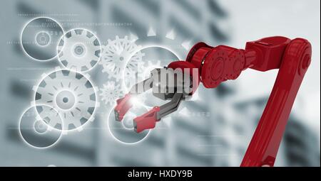 Digital composite de robot rouge blanc contre griffe graphiques cog et trouble building Banque D'Images