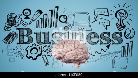 Digital composite de cerveau Rose contre black business doodle et le fond bleu Banque D'Images