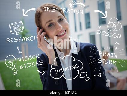 Digital composite of business woman on phone with white business doodles Banque D'Images