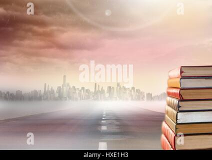 Composite numérique de livres empilés par voie de la ville Banque D'Images