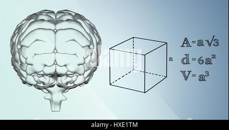 Digital composite de cerveau Transparent et noir graphiques mathématiques contre fond bleu Banque D'Images