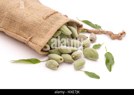 Les amandes vertes en sac vintage sur fond blanc Banque D'Images