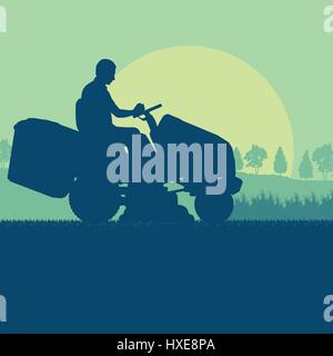 Jardinier tondeuse tractor cutting grass vector paysage en arrière-plan Illustration de Vecteur