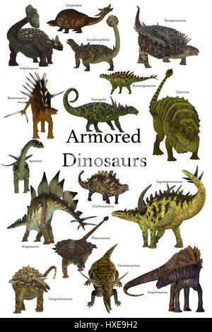 Dinosaures blindés - une collection de divers dinosaures blindés de différentes périodes préhistoriques de l'histoire de la Terre. Banque D'Images