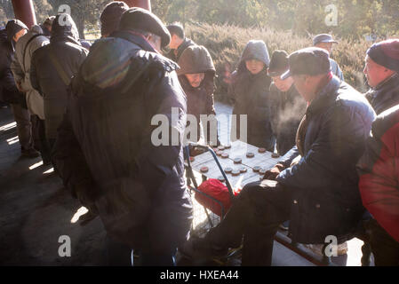 Personnes âgées Les personnes bénéficiant de Chinois leur temps libre par une journée d'hiver au parc du Temple du Ciel à Beijing. Banque D'Images