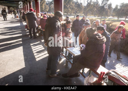 Personnes âgées Les personnes bénéficiant de Chinois leur temps libre par une journée d'hiver au parc du Temple du Ciel à Beijing. Banque D'Images